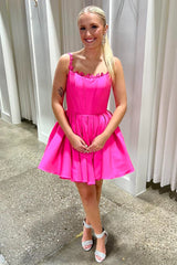 Fuchsia A Line Homecoming Dresses Satin Short Corset Cocktail Dresses