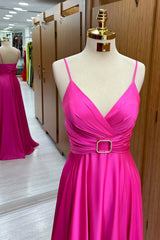 Fuchsia A Line Long Prom Dress Spaghetti Straps Evening Dress