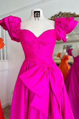 Fuchsia A Line Long Prom Dress with Puff Sleeves