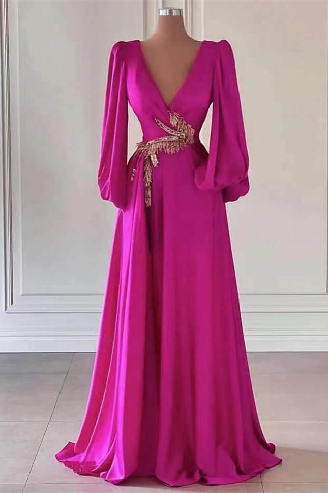 Fuchsia A Line Prom Dress Long Sleeve V Neck Formal Dress With Beadings and Rhinestones