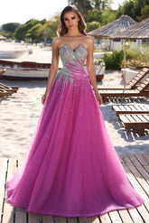 Fuchsia A Line Prom Dress Sleeveless Sweetheart Formal Dress With Beadings and Rhinestones
