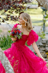 Fuchsia A Line Prom Dress Square Neck Corset Evening Dress with Puff Sleeves