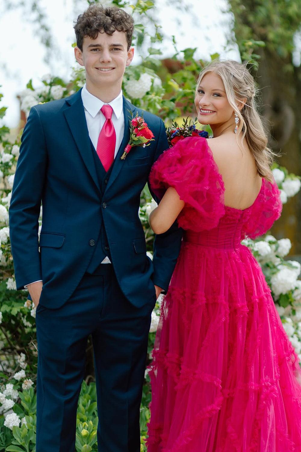 Fuchsia A Line Prom Dress Square Neck Corset Evening Dress with Puff Sleeves