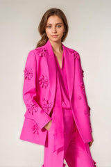 Fuchsia Double-Breasted Peak Lapel Blazer For Women Featuring Floral Details