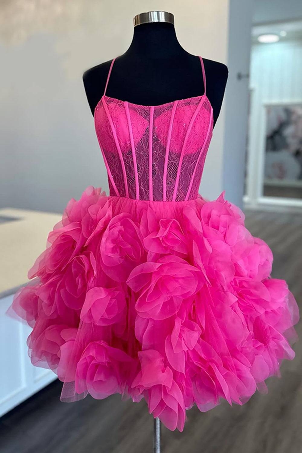 Fuchsia Floral Tulle A Line Homecoming Dresses Short Corset Cocktail Dresses With Ruffles