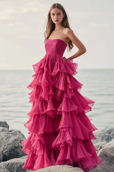 Fuchsia Formal Dress Chiffon Strapless Long Ball Gown Wedding Guest Dress With Ruffles