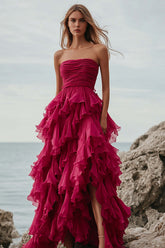 Fuchsia Formal Dress Organza Strapless Long Ball Gown Wedding Guest Dress With Ruffles