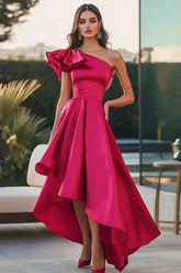 Fuchsia Formal Dress Satin One Shoulder High-Low Ruffled A Line Wedding Guest Dress