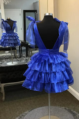 Fuchsia Homecoming Dresses A Line V Neck Ruffled Short Cocktail Dresses