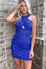 Fuchsia Homecoming Dresses Halter Sleeveless Sequined Cocktail Dresses