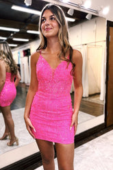Fuchsia Homecoming Dresses Lace Sequin Tight Short Cocktail Dresses with Feathers