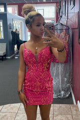 Fuchsia Homecoming Dresses Lace Up Back Tight Short Cocktail Dresses with Sequin