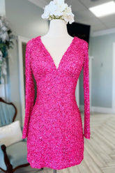 Fuchsia Homecoming Dresses Long Sleeves Sequin Tight Short Cocktail Dresses