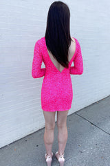 Fuchsia Homecoming Dresses Long Sleeves Tight Short Sequin Cocktail Dresses