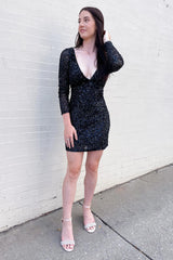 Fuchsia Homecoming Dresses Long Sleeves Tight Short Sequin Cocktail Dresses