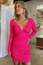 Fuchsia Homecoming Dresses Sequin Long Sleeves Backless Tight Short Cocktail Dresses