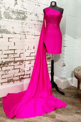Fuchsia Homecoming Dresses Sequin One Shoulder Watteau Train Tight Cocktail Dresses