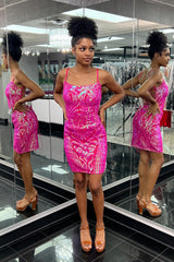 Fuchsia Homecoming Dresses Sequin Spaghetti Straps Tight Short Cocktail Dresses