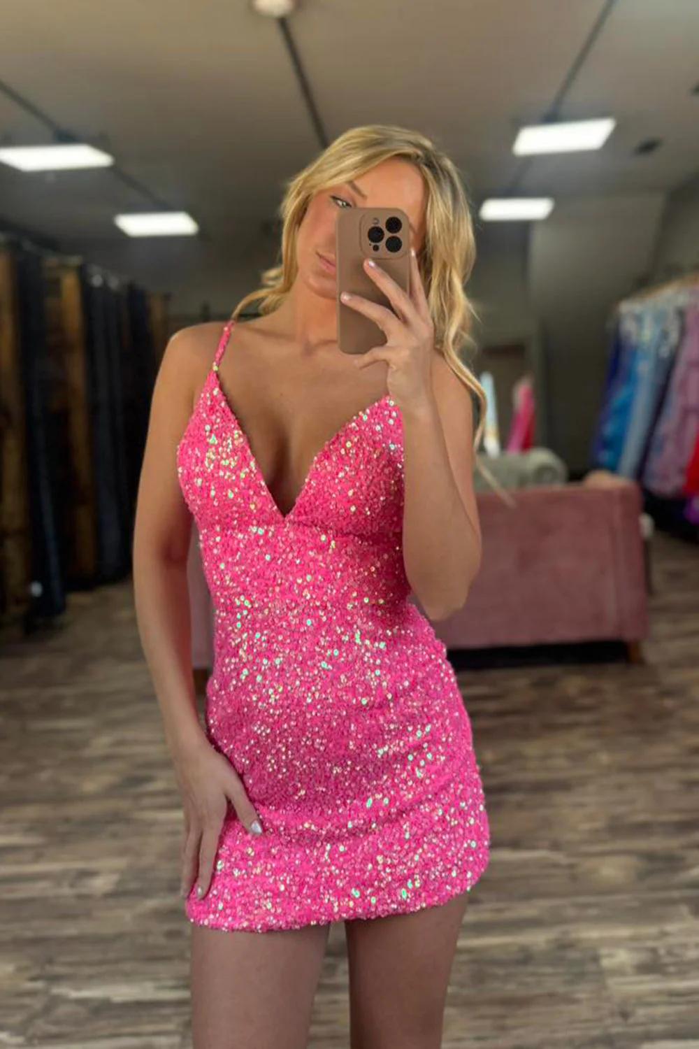 Fuchsia Homecoming Dresses Sequin Tight Short Cocktail Dresses