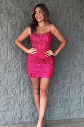 Fuchsia Homecoming Dresses Sequined Corset Tight Short Cocktail Dresses