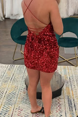Fuchsia Homecoming Dresses Sleeveless Sequin Tight Short Cocktail Dresses