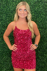 Fuchsia Homecoming Dresses Sleeveless Sequin Tight Short Cocktail Dresses