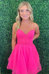 Fuchsia Homecoming Dresses Spaghetti Straps Corset A-Line Short Tulle Cocktail Dresses