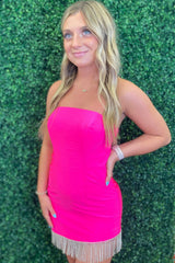 Fuchsia Homecoming Dresses Strapless Fringed Tight Short Cocktail Dresses