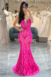 Fuchsia Mermaid Prom Dress Backless Long Evening Dress With Appliques