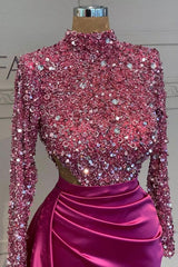 Fuchsia Mermaid Prom Dress Long Sleeve High Neck Satin Formal Dress With Sequins
