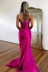 Fuchsia Mermaid Prom Dress With Lace Up Back Beaded Straps And Elegant Satin Slit Skirt Formal Evening Gown