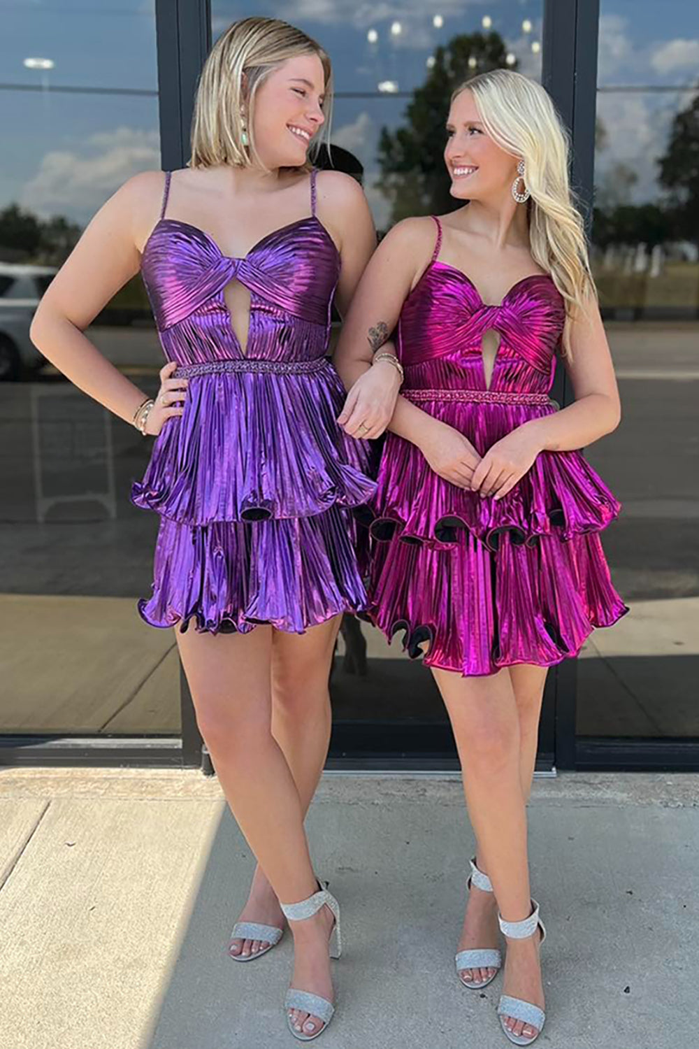 Fuchsia Metallic A Line Homecoming Dresses Pleated Short Cocktail Dresses With Ruffles