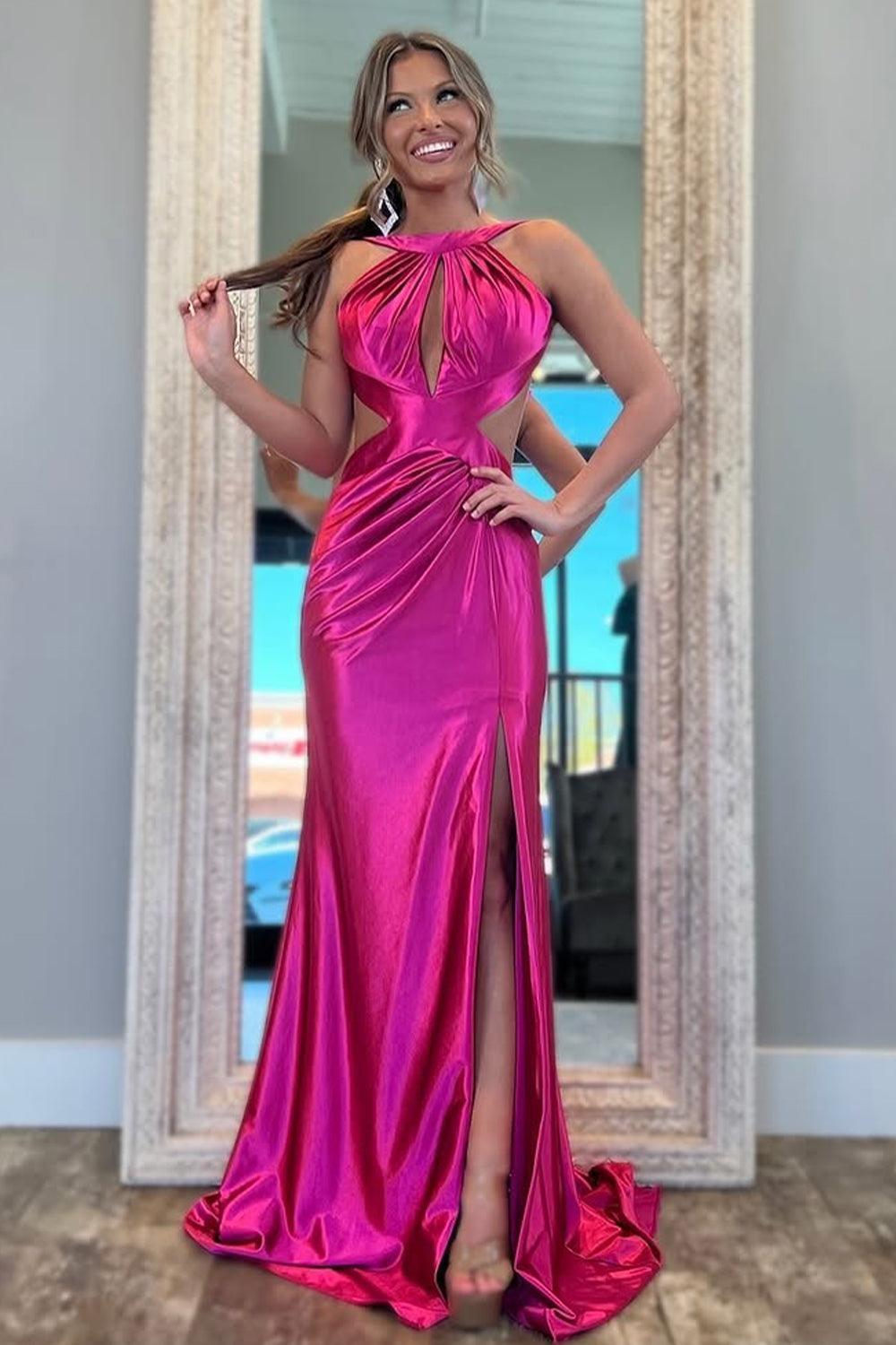Fuchsia Metallic Mermaid Prom Dress With Slit And Open Back Formal Evening Gown