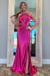 Fuchsia Metallic Mermaid Prom Dress With Slit And Open Back Formal Evening Gown