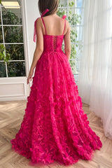 Fuchsia Prom Dress A Line 3D Flower Lace Evening Dress With Split
