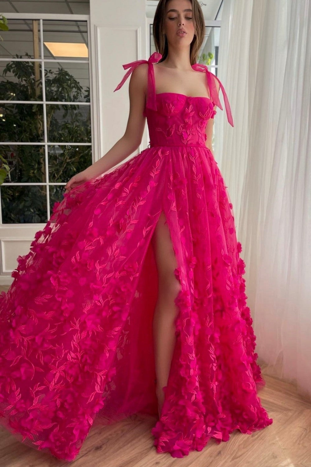 Fuchsia Prom Dress A Line 3D Flower Lace Evening Dress With Split