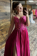 Fuchsia Prom Dress A Line Corset Long Evening Dress with Slit