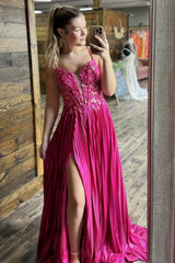 Fuchsia Prom Dress A Line Corset Long Evening Dress with Slit