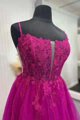 Fuchsia Prom Dress A Line Spaghetti Straps Corset Evening Dress with Appliques