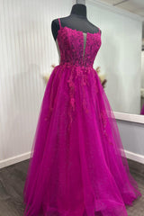 Fuchsia Prom Dress A Line Spaghetti Straps Corset Evening Dress with Appliques