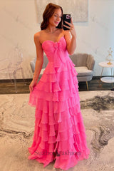 Fuchsia Prom Dress A-Line Sweetheart Tiered Formal Dress With Slit