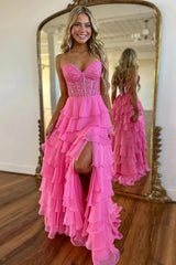 Fuchsia Prom Dress A Line Tiered Chiffon Long Formal Dress with Lace