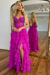 Fuchsia Prom Dress A Line Tiered Chiffon Long Formal Dress with Lace