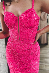 Fuchsia Prom Dress Corset Sequined Long Mermaid Evening Dress with Slit