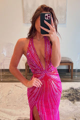 Fuchsia Prom Dress Halter Long Prom Drees with Slit