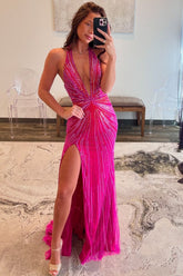 Fuchsia Prom Dress Halter Long Prom Drees with Slit