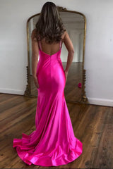 Fuchsia Prom Dress Halter Mermaid Hollow Out Evening Dress with Slit