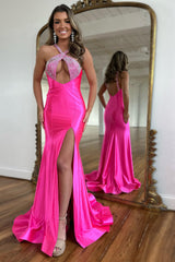 Fuchsia Prom Dress Halter Mermaid Hollow Out Evening Dress with Slit