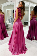 Fuchsia Prom Dress Hollow Out One Shoulder Evening Dress with Slit