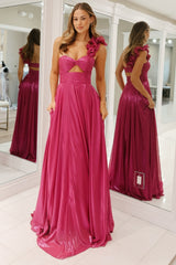 Fuchsia Prom Dress Hollow Out One Shoulder Evening Dress with Slit